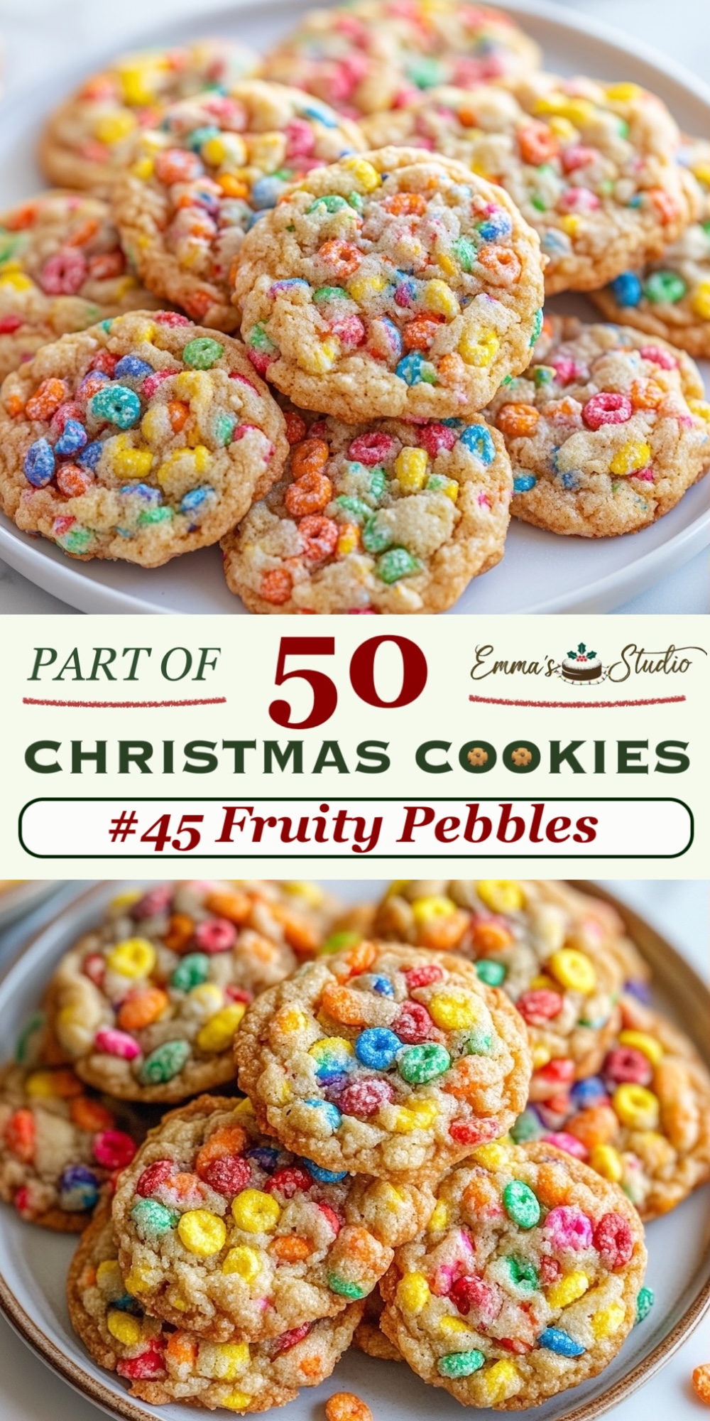 Fruity Pebbles cookies with colorful cereal pieces embedded throughout, creating a chewy, sugar cookie base with a crunch from the cereal. These cookies are vibrant and playful, with a hint of vanilla and a light, crispy texture from the Fruity Pebbles. Perfect for adding a pop of color to a cookie platter, these cookies are part of the "50 Christmas Cookies" collection, ideal for both kids and adults who enjoy nostalgic flavors.
