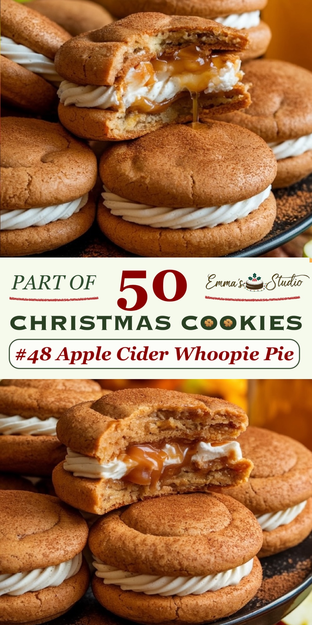 Apple cider whoopie pies with a spiced apple-flavored cake shell and a creamy cinnamon filling. The soft, cake-like cookies are paired with a sweet apple cider and caramel filling that oozes when bitten, capturing the warm flavors of apple pie in a handheld treat. The cinnamon spice adds depth to the flavor, creating a cozy holiday dessert. As part of the "50 Christmas Cookies" collection, these whoopie pies offer a unique twist for fall and winter baking.