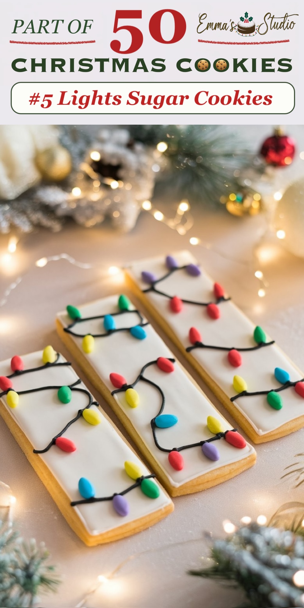 Christmas light sugar cookies with white icing backgrounds and colorful fondant "bulbs" connected by piped black lines to resemble string lights. These rectangular cookies feature vibrant red, green, yellow, purple, and blue "lights," creating a whimsical holiday display. Part of a 50 Christmas Cookies collection, these festive treats are a fun and colorful addition to Christmas baking ideas.