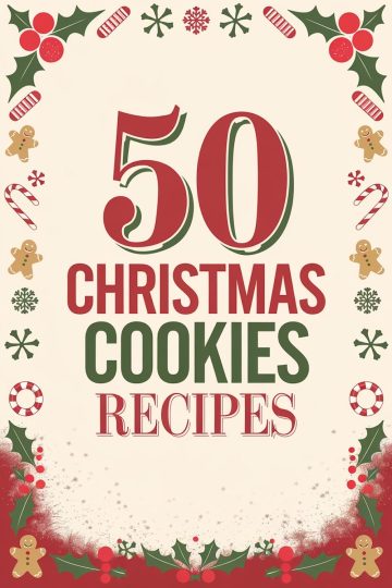 Festive cover image for a “50 Christmas Cookies Recipes” collection. The design showcases bold, vintage-inspired red and green typography surrounded by holiday graphics, including candy canes, gingerbread men, holly leaves, and snowflakes, which frame the title. The snowy, frosted bottom border adds a cozy, wintry feel, enhancing the Christmas theme. This visually engaging cover perfectly captures the spirit of the holiday baking season, inviting readers to explore a variety of cookie recipes ideal for Christmas.