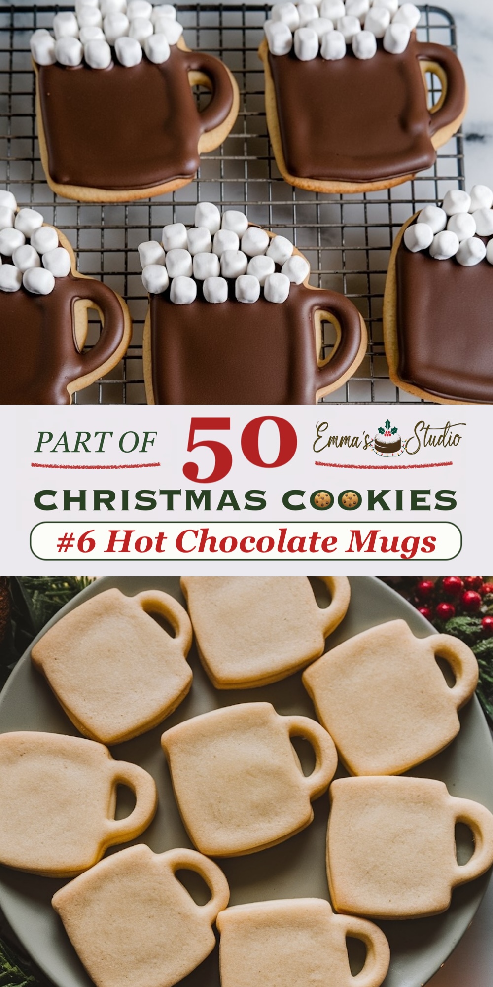 Hot chocolate mug cookies decorated with a glossy layer of brown icing and topped with mini marshmallows to mimic a steaming cup of cocoa. These mug-shaped cookies, part of a 50 Christmas Cookies collection, are both cozy and visually delightful, perfect for adding a warm holiday touch. Shown here on a cooling rack with undecorated cookies below, highlighting the transformation from plain to fully decorated festive treats.