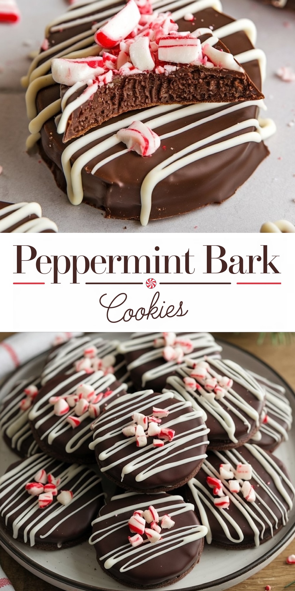 Decadent Peppermint Bark Cookies featuring chocolate-covered cookies drizzled with white chocolate and topped with crushed peppermint candy. A modern twist on classic peppermint bark, perfect for holiday parties and festive gift-giving.