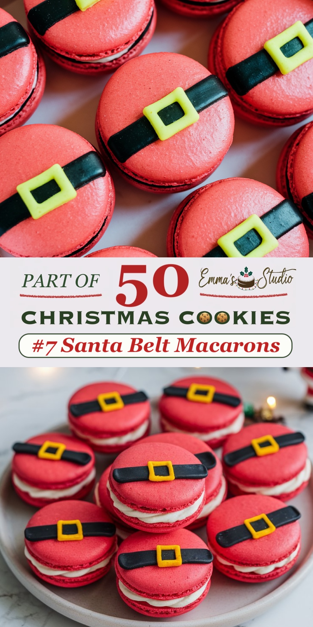 Bright red Santa Belt macarons decorated with black fondant belts and yellow buckle details, capturing the look of Santa's iconic suit. These festive macarons feature crisp red shells with creamy white fillings, adding a playful and elegant Christmas theme to any holiday cookie collection. Part of a 50 Christmas Cookies series, these Santa Belt macarons are ideal for festive dessert tables and seasonal baking inspiration.