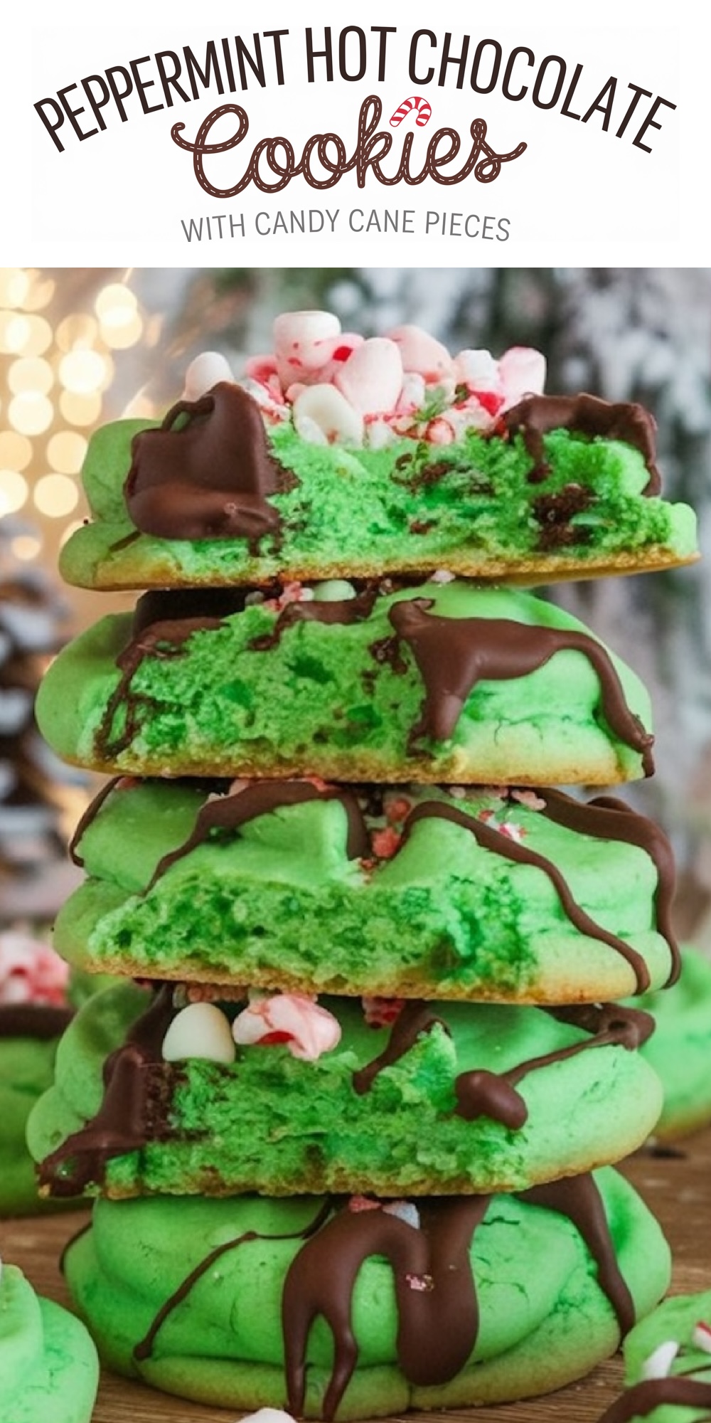 Soft, green Peppermint Hot Chocolate Cookies filled with chocolate chunks, mini marshmallows, and candy cane pieces, drizzled with melted chocolate. These vibrant holiday cookies capture the essence of peppermint hot chocolate, perfect for winter gatherings and Christmas cookie trays.