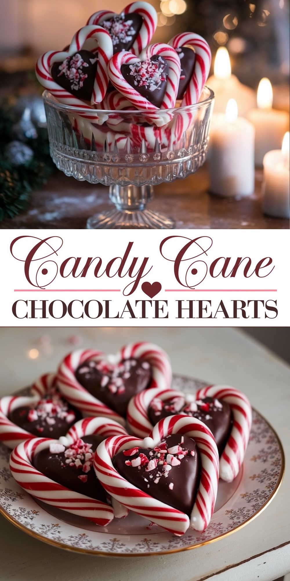 Candy Cane Chocolate Hearts with dark chocolate centers surrounded by red and white striped candy cane borders, sprinkled with crushed peppermint pieces. A festive Christmas candy recipe, perfect for holiday dessert platters and edible gifts.