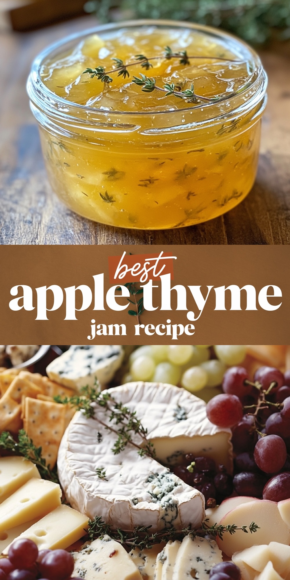 Homemade apple thyme jam Christmas recipe in a glass jar, garnished with fresh thyme sprigs, and paired with a holiday cheese board featuring brie, grapes, and assorted crackers. This apple and thyme Christmas jam recipe is ideal for festive gatherings.