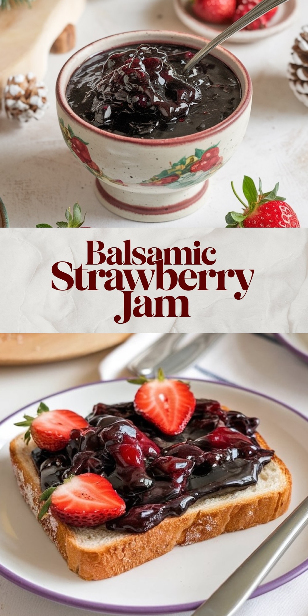 Festive balsamic strawberry jam recipe served in a holiday-themed bowl with fresh strawberries. This Christmas jam recipe features balsamic vinegar for a sweet and savory twist, perfect for spreading on toast or serving with cheese during holiday brunch.