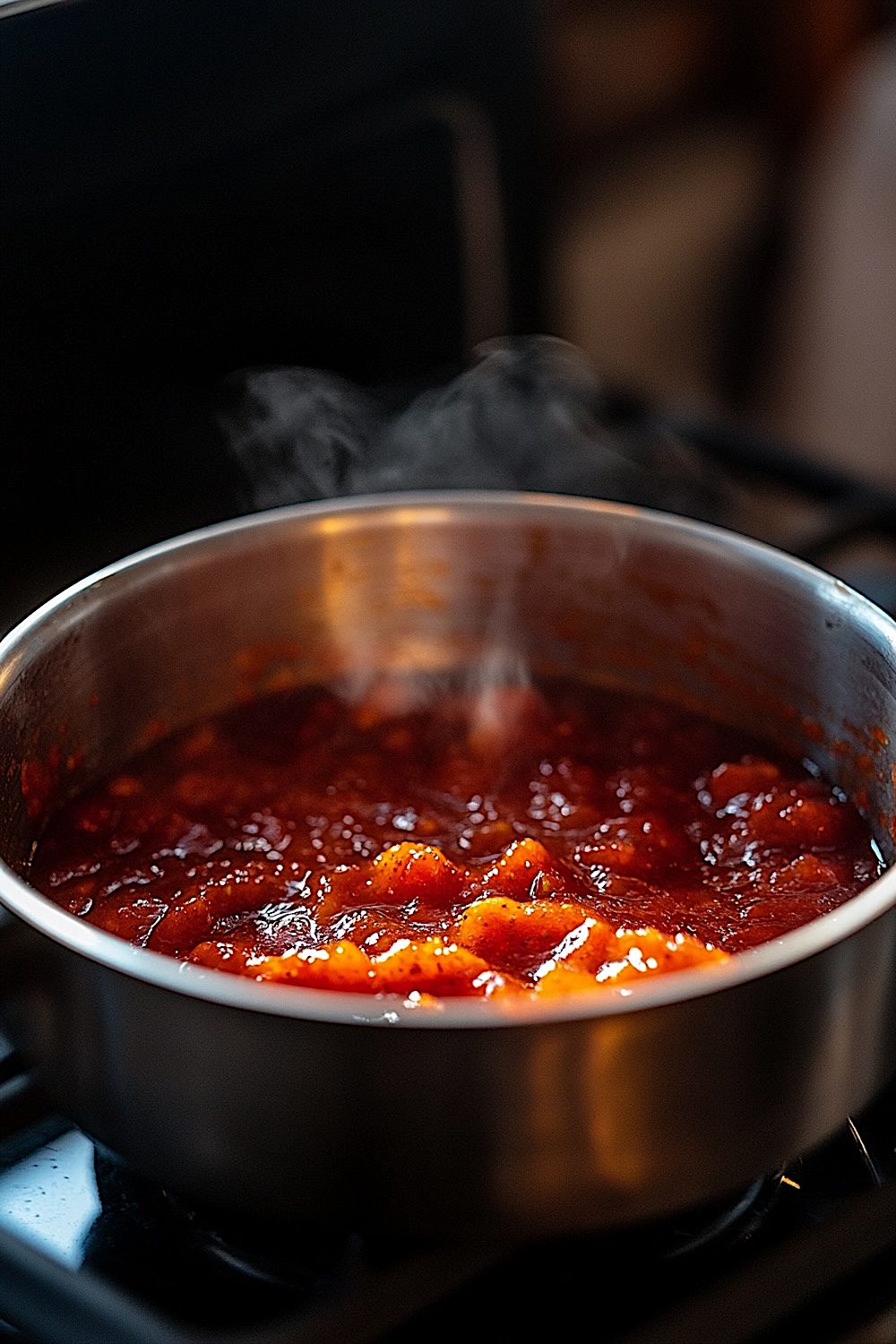 A stovetop scene showing a pot of simmering balsamic strawberry jam, with chunks of strawberries visible in the rich, dark red mixture. Steam rises from the pot, suggesting the jam is freshly cooking, creating a warm and inviting atmosphere. This image captures the slow-cooked process, highlighting the homemade and artisanal nature of the jam recipe, perfect for cozy kitchen inspiration.