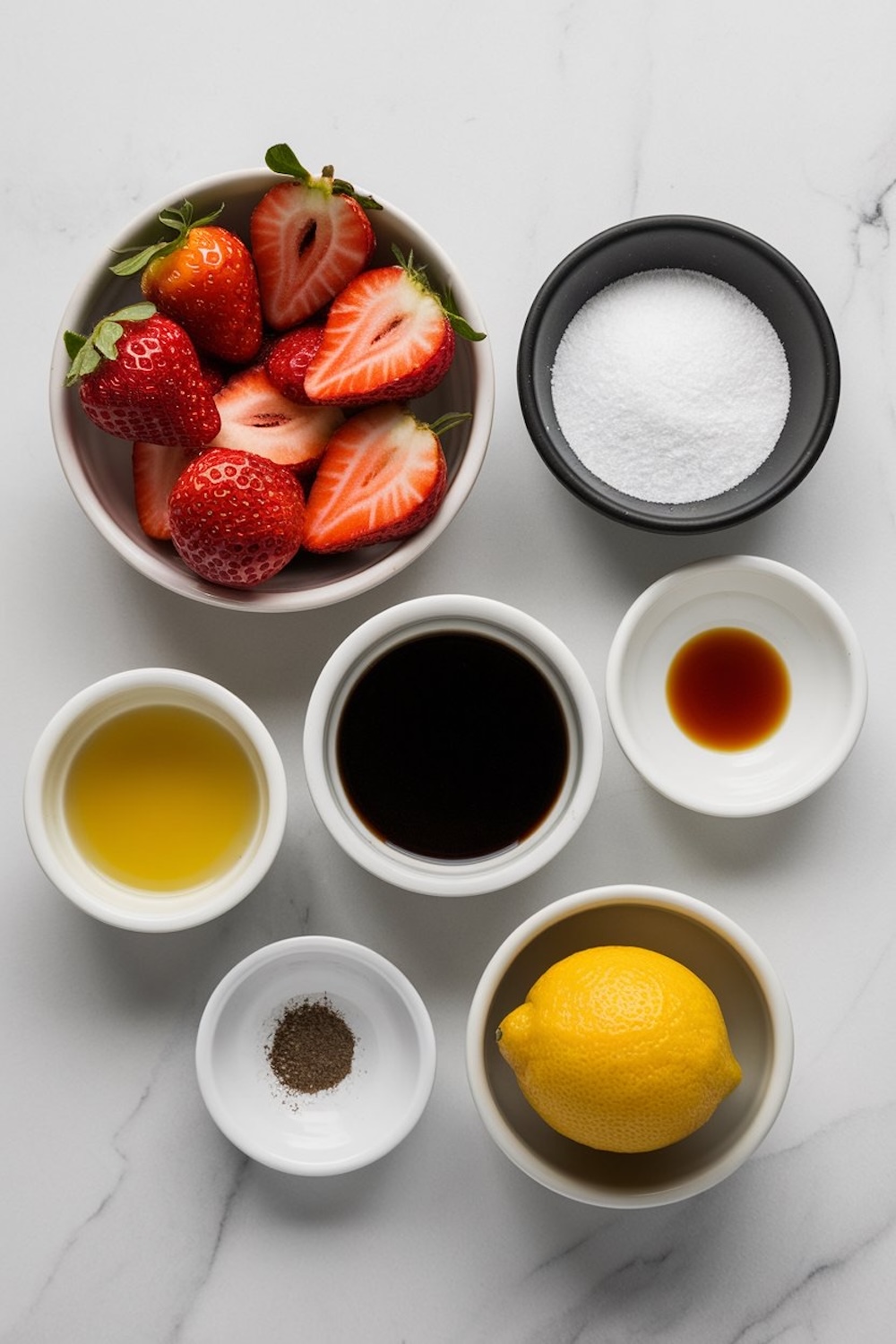 A beautifully arranged flat-lay of ingredients for making balsamic strawberry jam on a white marble surface. Fresh, halved strawberries, granulated sugar, balsamic vinegar, lemon, and additional flavoring components are each neatly placed in small bowls, showcasing each element that contributes to the jam’s unique sweet-tart profile. This setup provides a clear visual recipe, ideal for food enthusiasts and home cooks.