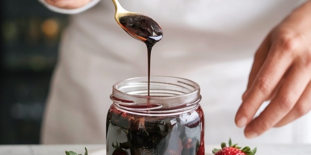 A visually appealing jar of balsamic strawberry jam being spooned out with a gold spoon. The jam is a rich, dark color with visible strawberry pieces, showcasing its thick and luscious texture. Two fresh strawberries with vibrant green leaves rest beside the jar on a white ceramic plate, adding a pop of color and freshness. A pinecone adds a rustic, wintery touch to the scene, suggesting this jam as a seasonal treat or holiday gift idea.