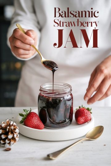 A visually appealing jar of balsamic strawberry jam being spooned out with a gold spoon. The jam is a rich, dark color with visible strawberry pieces, showcasing its thick and luscious texture. Two fresh strawberries with vibrant green leaves rest beside the jar on a white ceramic plate, adding a pop of color and freshness. A pinecone adds a rustic, wintery touch to the scene, suggesting this jam as a seasonal treat or holiday gift idea.