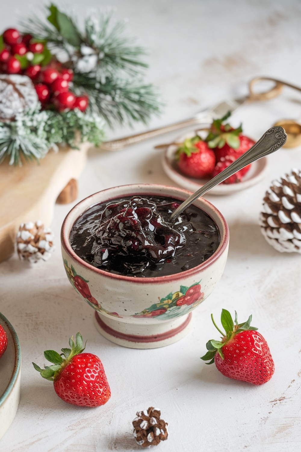 A festive display of balsamic strawberry jam served in a hand-painted ceramic bowl, with a vintage spoon dipping into the thick, glossy jam. The setting includes fresh strawberries and pinecones, creating a holiday-inspired aesthetic. Frosted pine branches with red berries add a wintery, rustic touch, making this image perfect for seasonal recipe boards or holiday gift ideas for food lovers.