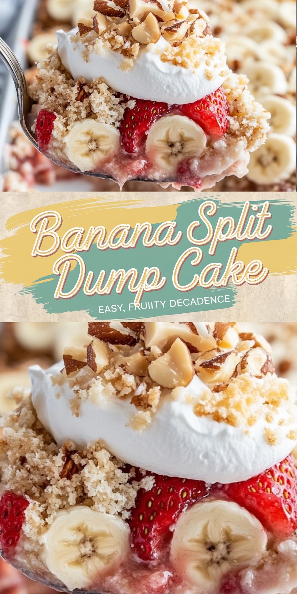 Forkful of banana split dump cake, with visible layers of cake, creamy filling, fresh strawberries, banana slices, whipped cream, and crumbly topping. Text overlay reads "Banana Split Dump Cake – Easy, Fruity Decadence."