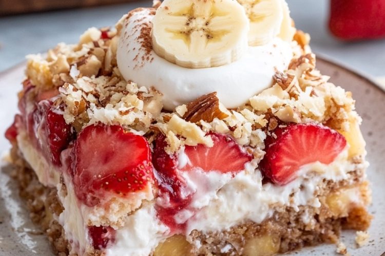 A full plate of banana split dump cake, topped with fresh banana slices, whipped cream, strawberries, and crushed pecans. The background includes a rustic cutting board with whole strawberries and bananas.