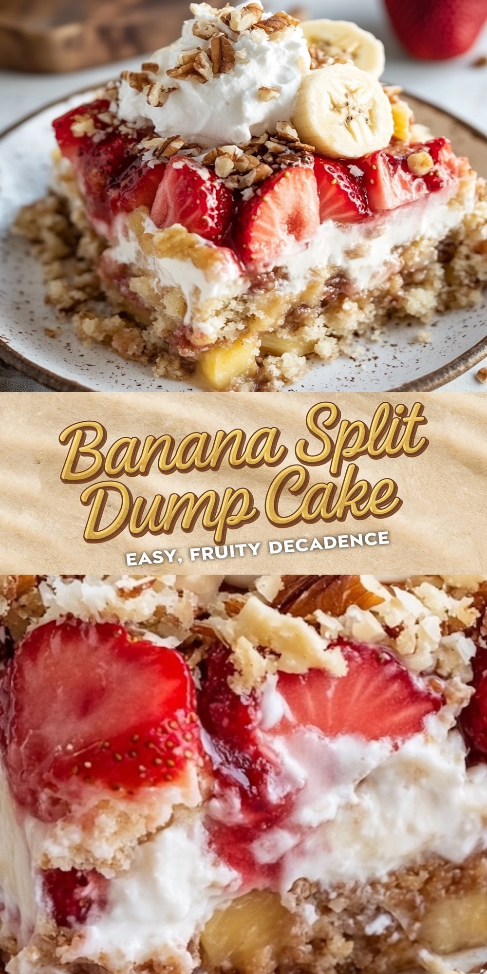 Close-up of a slice of banana split dump cake on a plate, featuring layers of crushed crust, creamy filling, pineapple chunks, fresh strawberries, banana slices, whipped cream, and chopped pecans. Text overlay reads "Banana Split Dump Cake – Easy, Fruity Decadence."