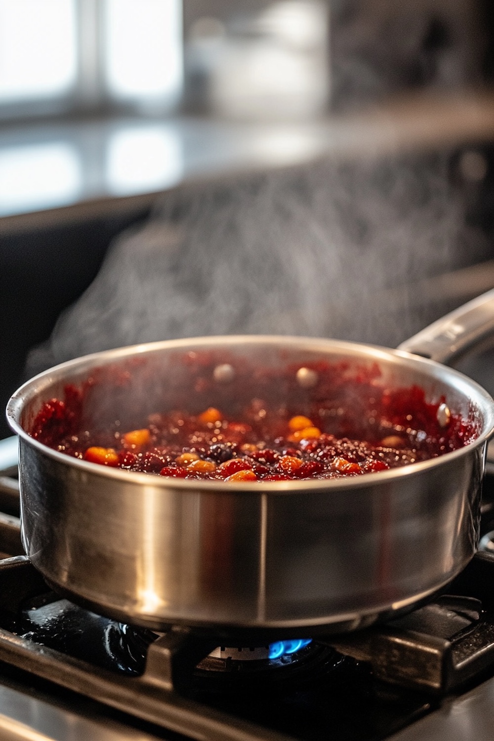 A close-up of a stainless steel pot simmering on the stovetop, filled with bubbling berry mixture. The steam rising from the pot captures the warmth and coziness of homemade jam-making, emphasizing the rich, deep red hues of the berries as they cook down.