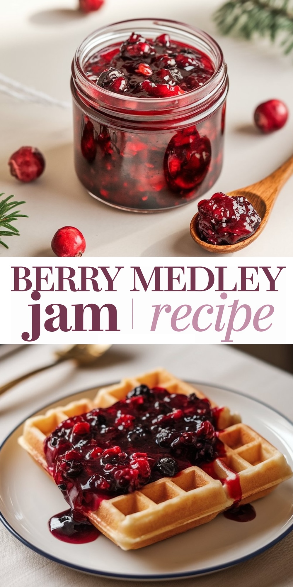 An inviting spread featuring a jar of homemade berry jam paired with golden waffles. The jam, rich with red and purple berry tones, is generously spooned over the waffle, making for a delightful breakfast or brunch option. The text "Berry Medley Jam Recipe" is displayed in elegant typography, enhancing the rustic, homemade appeal.