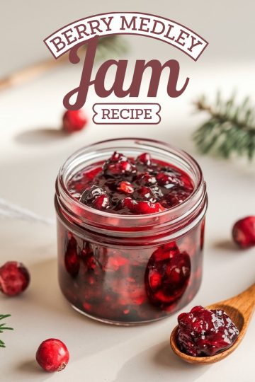 A cozy, homemade berry medley jam showcased in a clear glass jar, with vibrant red cranberries and other mixed berries suspended in the glossy jam. The wooden spoon beside the jar offers a closer view of the chunky texture, highlighting this rustic, seasonal recipe ideal for holiday spreads.