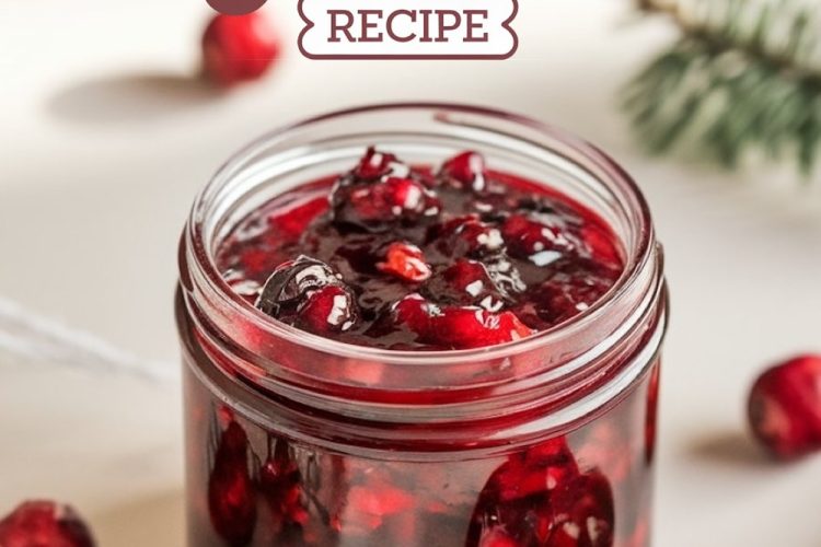 A cozy, homemade berry medley jam showcased in a clear glass jar, with vibrant red cranberries and other mixed berries suspended in the glossy jam. The wooden spoon beside the jar offers a closer view of the chunky texture, highlighting this rustic, seasonal recipe ideal for holiday spreads.