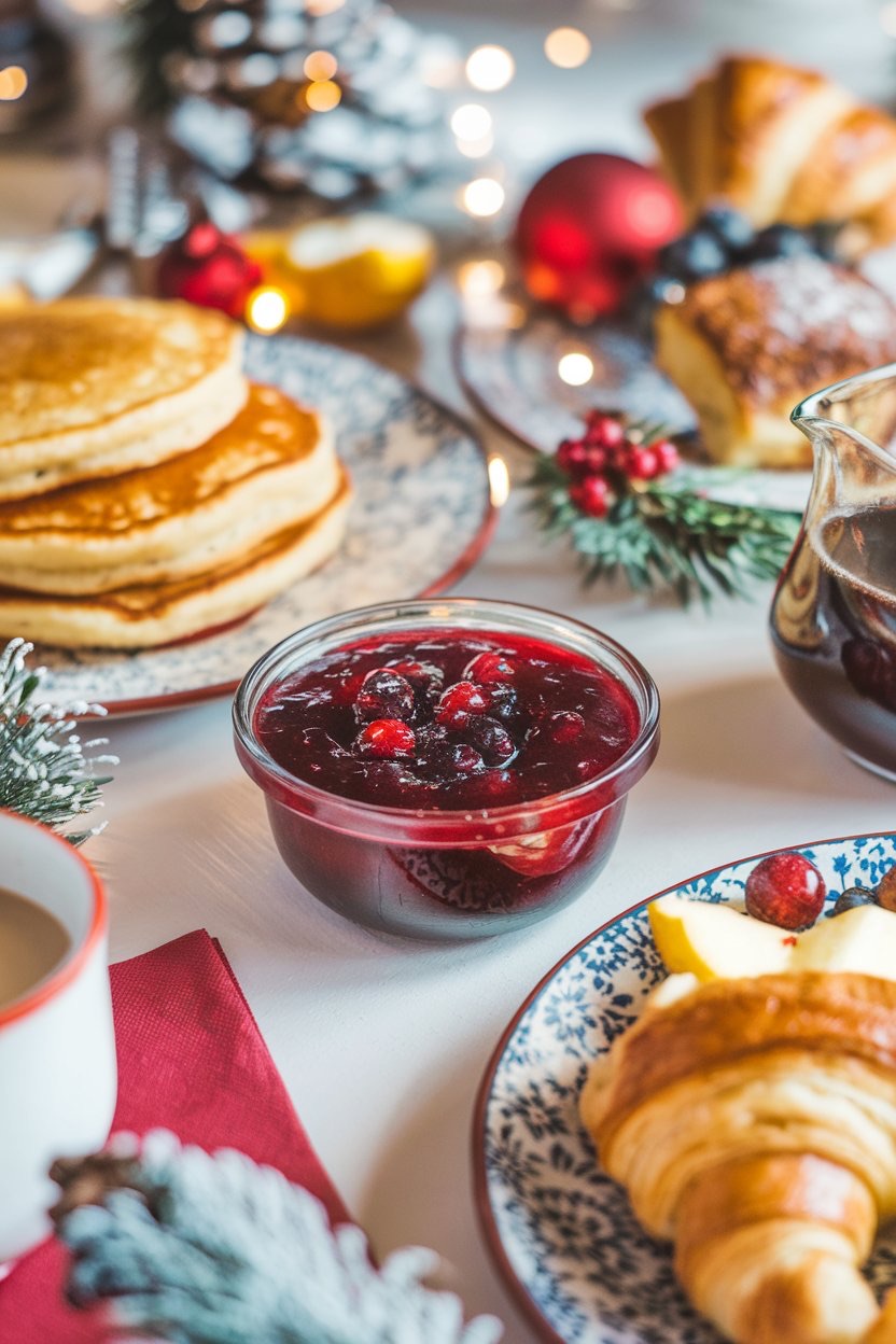 A festive breakfast scene with a bowl of berry jam surrounded by pancakes, croissants, and fresh fruit. Set against a holiday backdrop with pine sprigs, red berries, and warm string lights, this setup showcases a charming holiday brunch with homemade touches, perfect for Christmas morning gatherings.