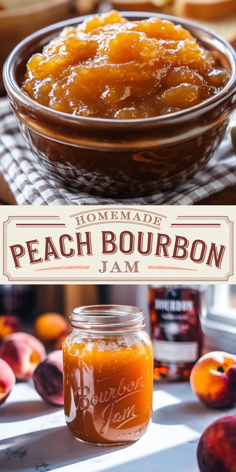 Rustic bourbon peach jam recipe for Christmas, shown in a glass jar with a spoon, alongside fresh peaches and a bottle of bourbon. This Christmas jam recipe combines sweet peaches and warming bourbon, making it a unique addition to holiday spreads.