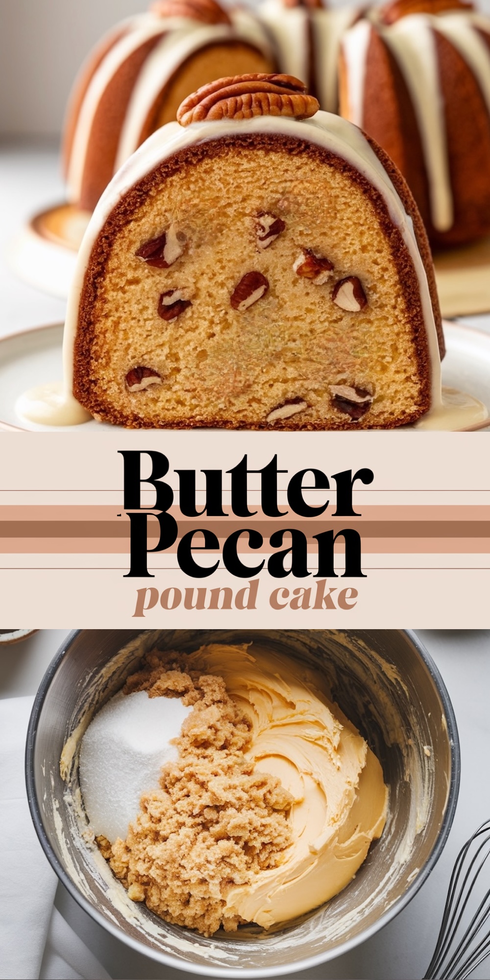 A moist butter pecan pound cake displayed on a plate, showcasing its rich golden-brown interior dotted with crunchy pecans. The cake is drizzled with a creamy white icing and topped with a whole pecan, creating a visually delicious centerpiece. The text overlay reads "Butter Pecan Pound Cake" in elegant typography, enhancing its Pinterest appeal.