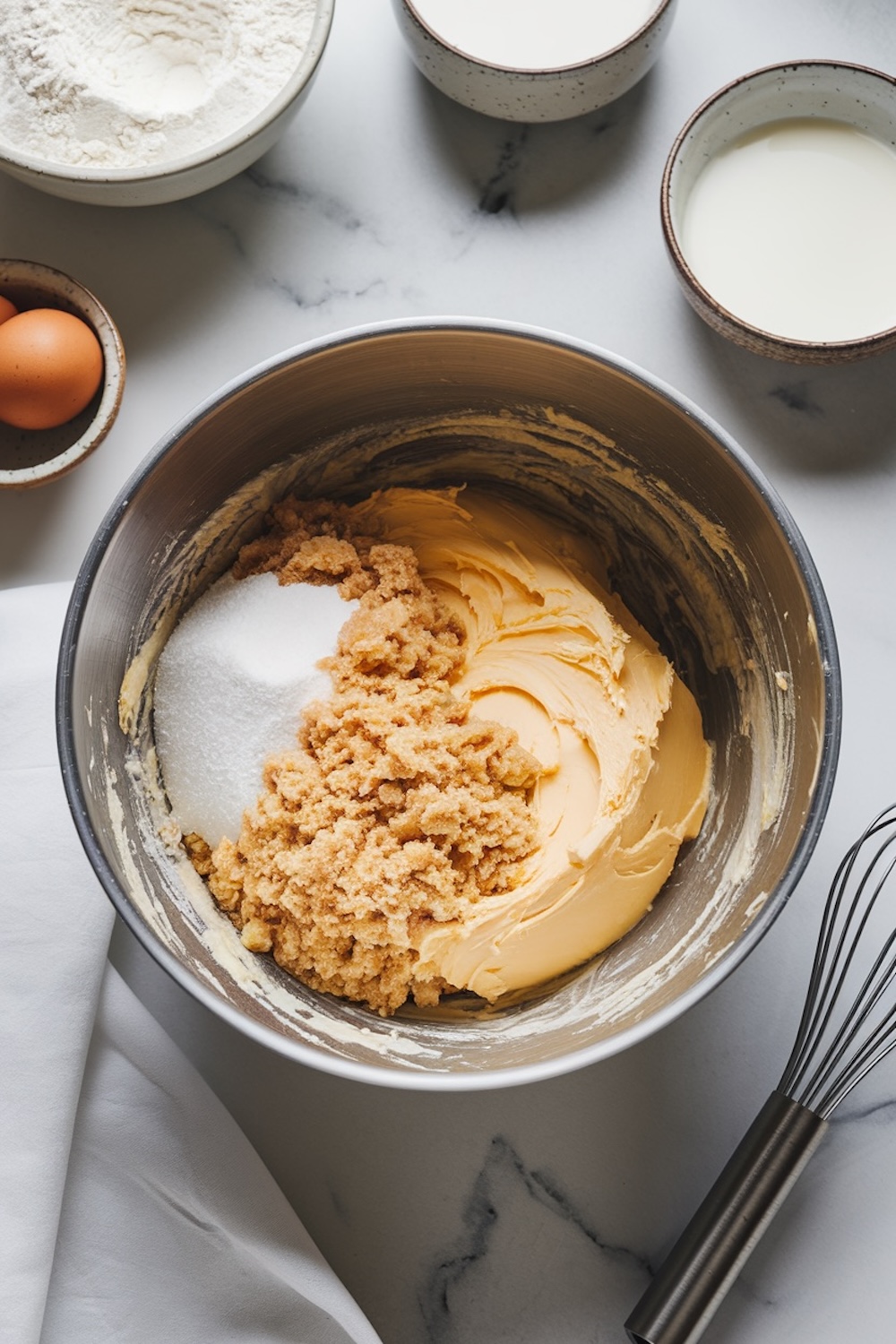 A mixing bowl filled with softened butter, sugar, and brown sugar, creamed together for the butter pecan pound cake. The background includes flour, eggs, and milk as part of the baking process setup, highlighting the homemade baking preparation.