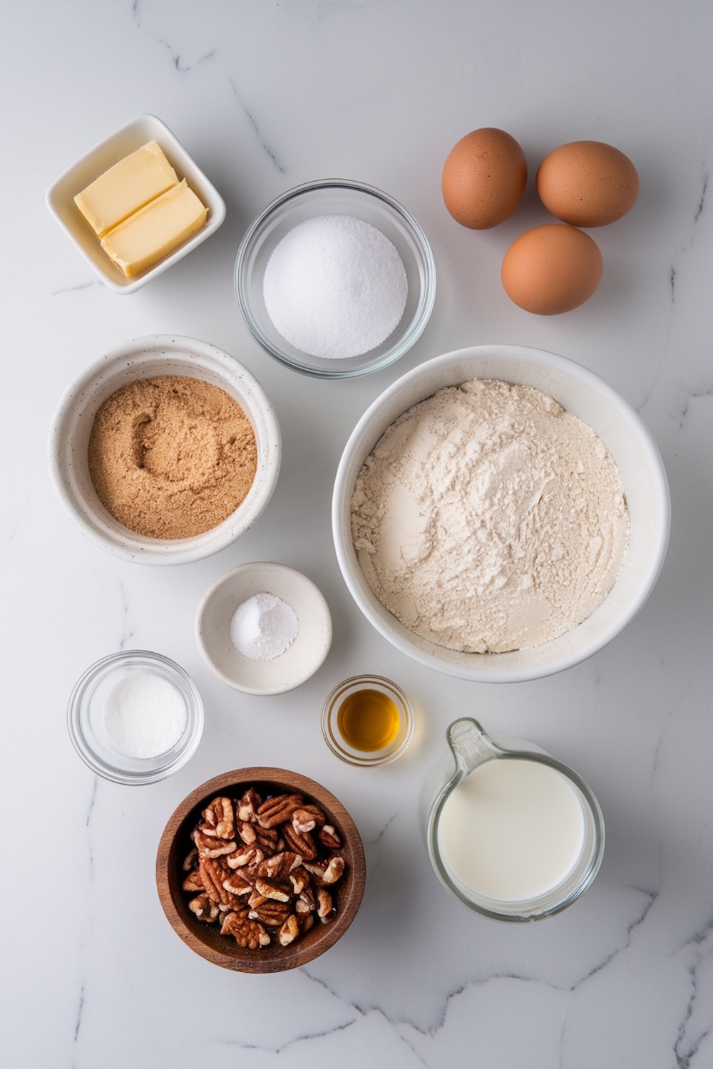  An organized flat-lay of baking ingredients for butter pecan pound cake, including flour, sugar, brown sugar, butter, milk, eggs, chopped pecans, vanilla extract, baking powder, and salt. The minimalist setup on a white marble surface is visually appealing and ideal for recipe inspiration.