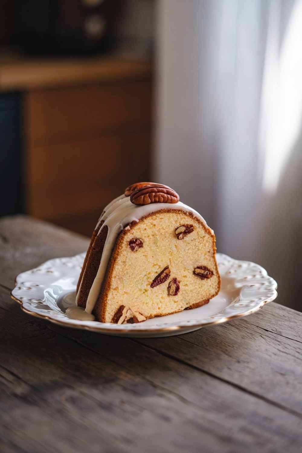  A single slice of butter pecan pound cake served on a decorative white plate. The slice is moist, filled with pecans, and topped with a smooth icing drizzle and a whole pecan for garnish. The warm, rustic background adds a cozy, homemade feel.