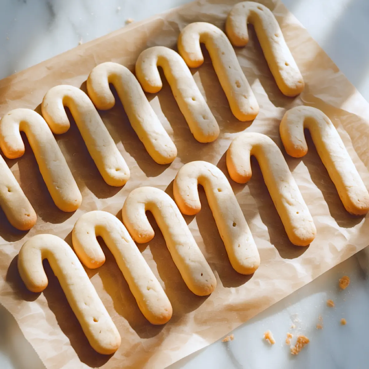 Rows of lightly golden candy cane–shaped sugar cookies cool on parchment paper atop a sunlit marble counter, showcasing Christmas baking, holiday cookie prep, and homemade sugar cookie inspiration.
