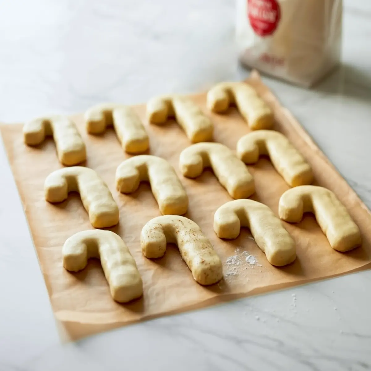 Unbaked candy cane cookie dough pieces line a parchment-covered baking sheet beside a flour sack on a marble surface, illustrating holiday cookie shaping, Christmas recipe prep, and festive baking ideas.