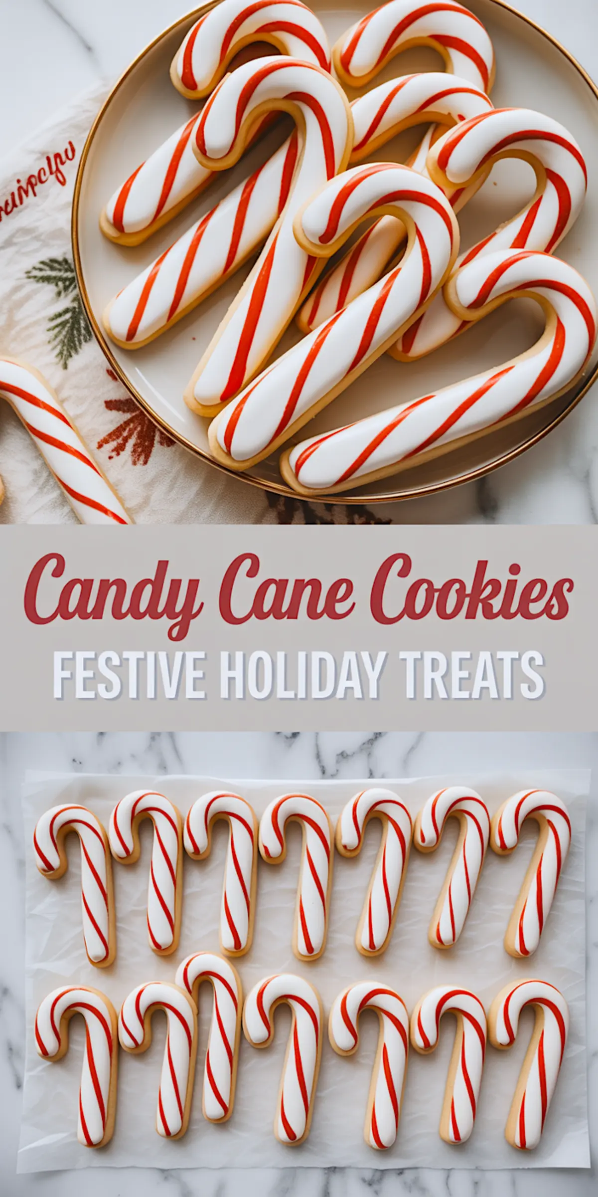 Vertical collage shows candy cane cookies. Top panel shows a cream plate stacked with glossy white iced candy cane sugar cookies striped with red royal icing on a pine-pattern holiday napkin. Center banner reads “Candy Cane Cookies” and “Festive Holiday Treats” in bold letters. Bottom panel shows rows of uniform candy cane cookies cooling on parchment on a marble surface. The image showcases Christmas cookie recipes, royal-icing decorating, and festive holiday baking inspiration.