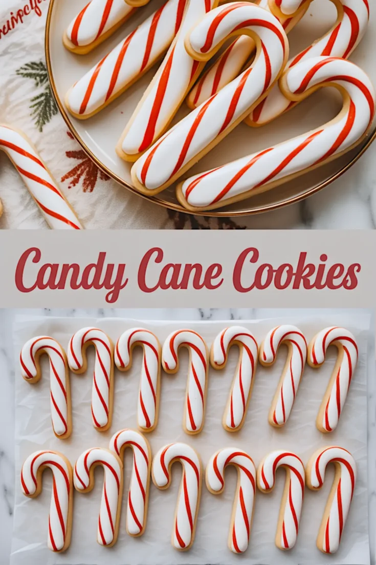 Vertical collage shows candy cane cookies. Top panel shows a gold-rimmed plate filled with white iced sugar cookies shaped like candy canes, decorated with bright red stripes, resting on a festive linen. Center banner reads “Candy Cane Cookies” in red script. Bottom panel shows three tidy rows of matching candy cane cookies aligned on parchment over marble. The image promotes Christmas baking, peppermint sugar cookies, and easy holiday dessert ideas.