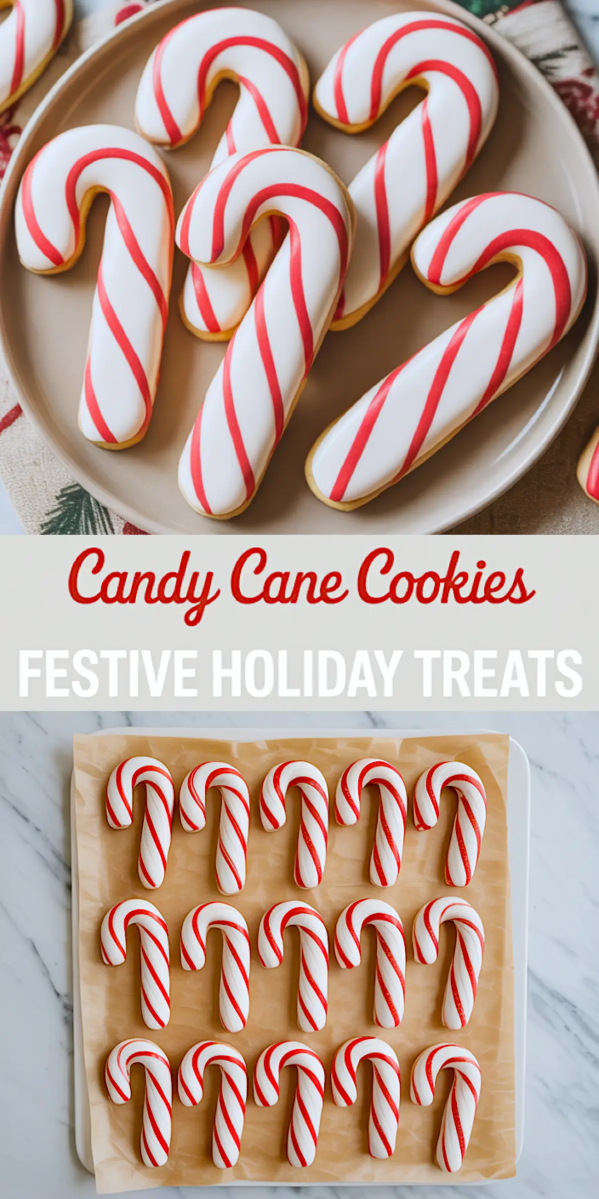 Vertical collage shows candy cane cookies. Top panel shows a beige plate piled with white royal-iced candy cane sugar cookies with red peppermint stripes on a winter napkin. Center banner reads “Candy Cane Cookies” and “Festive Holiday Treats” in bold script. Bottom panel shows four neat rows of the same candy cane cookies cooling on parchment over a marble counter. The image highlights Christmas cookie decorating, holiday baking, and candy cane cookie recipe inspiration.