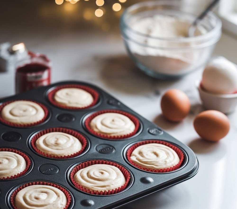 Unbaked Candy Cane Cupcake batter swirled into red liners in a cupcake tray, ready to go in the oven. A cozy holiday baking scene, perfect for creating festive Christmas cupcakes with peppermint flavor.