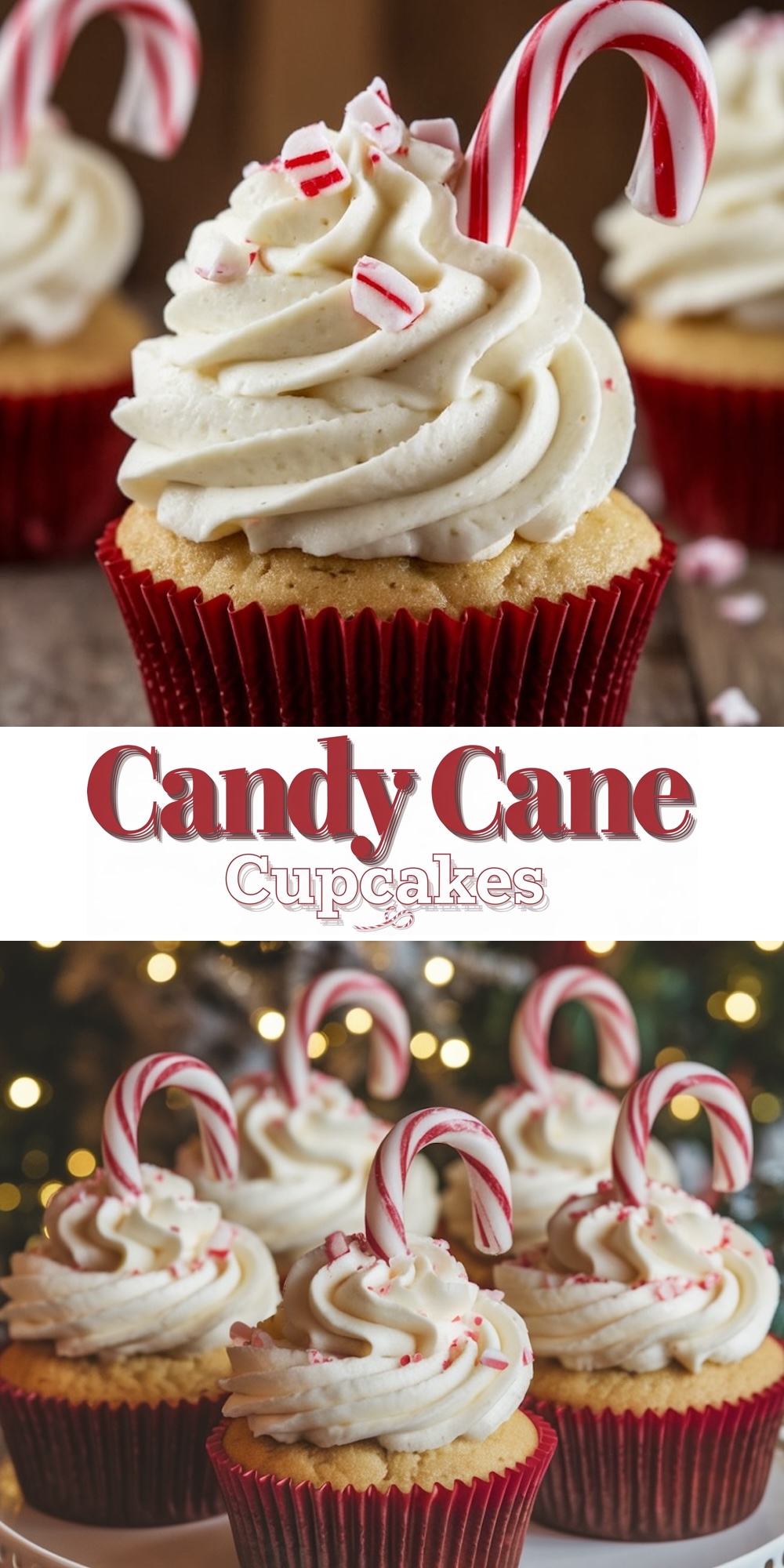 Vanilla Candy Cane Cupcakes with fluffy peppermint buttercream frosting, topped with crushed candy cane pieces and a mini candy cane stick, all in red cupcake liners. Festive holiday cupcakes for Christmas parties, winter gatherings, and holiday dessert spreads.