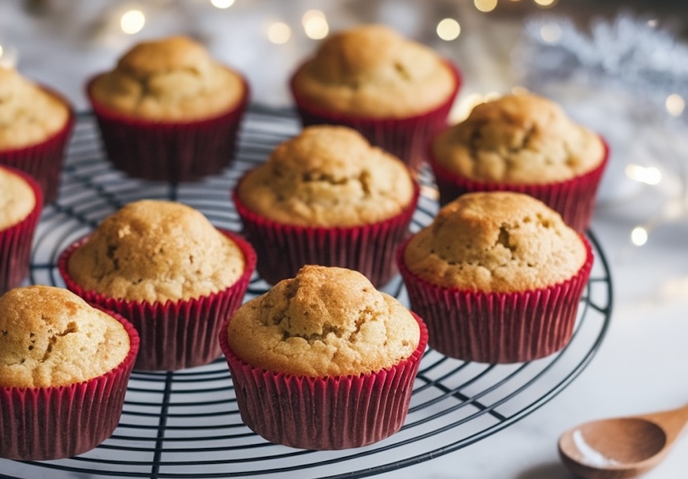 Golden vanilla cupcakes in red liners cooling on a wire rack, ready for decorating with peppermint buttercream. Freshly baked treats perfect for transforming into Candy Cane Cupcakes for holiday celebrations.