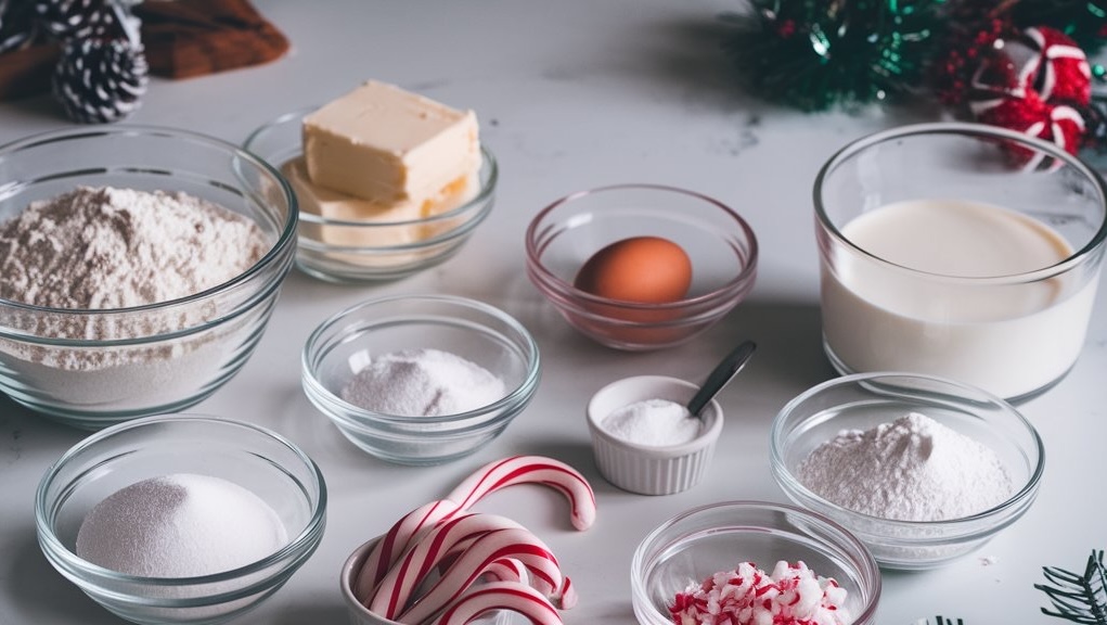 A collection of ingredients for Candy Cane Cupcakes including flour, butter, egg, milk, sugar, and candy canes, arranged on a white countertop with holiday decorations. Ideal setup for festive holiday baking and peppermint dessert recipes.