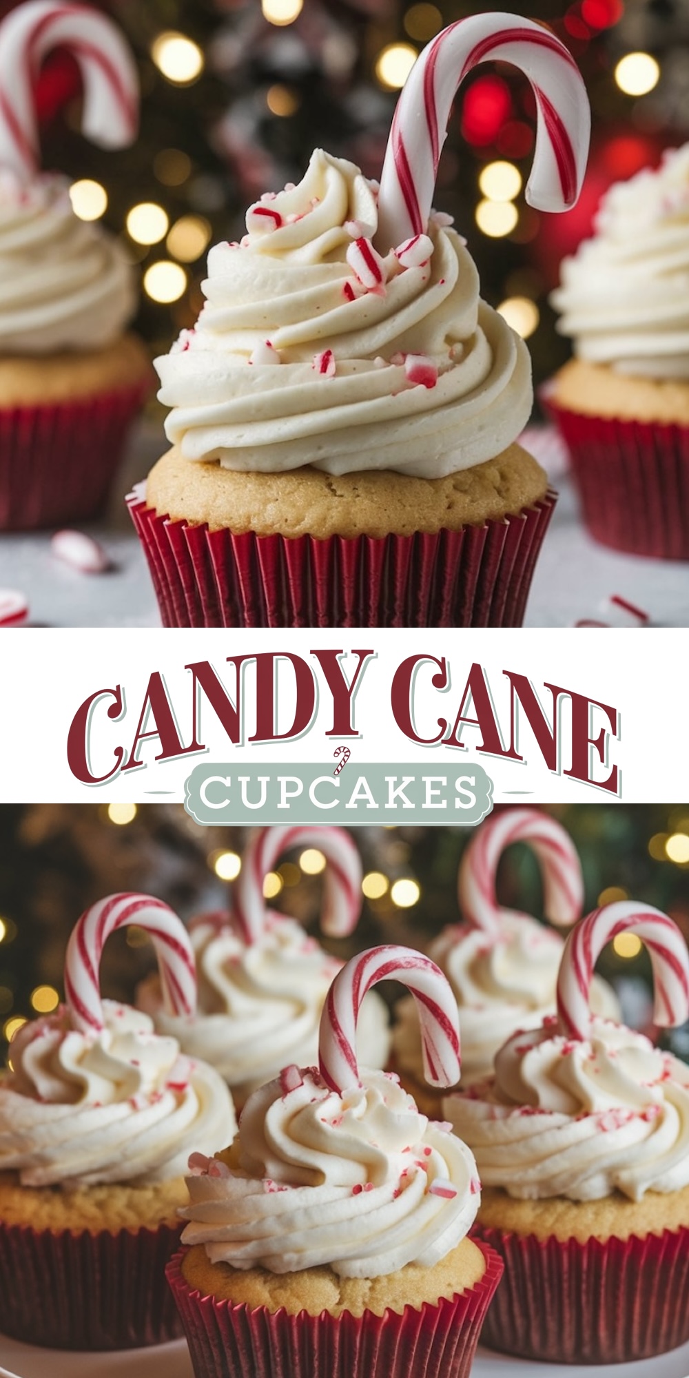Vanilla cupcakes topped with swirled peppermint buttercream frosting, crushed candy cane pieces, and mini candy cane decorations, presented in red cupcake liners. Festive Candy Cane Cupcakes perfect for Christmas parties and holiday dessert tables.