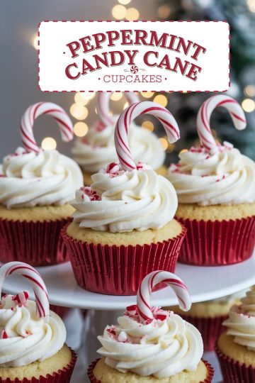 Tiered stand displaying Candy Cane Cupcakes topped with peppermint frosting, crushed candy canes, and mini candy cane sticks. A festive dessert setup perfect for Christmas parties and winter gatherings.