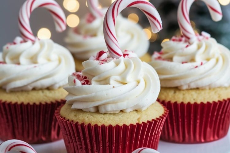 Tiered stand displaying Candy Cane Cupcakes topped with peppermint frosting, crushed candy canes, and mini candy cane sticks. A festive dessert setup perfect for Christmas parties and winter gatherings.