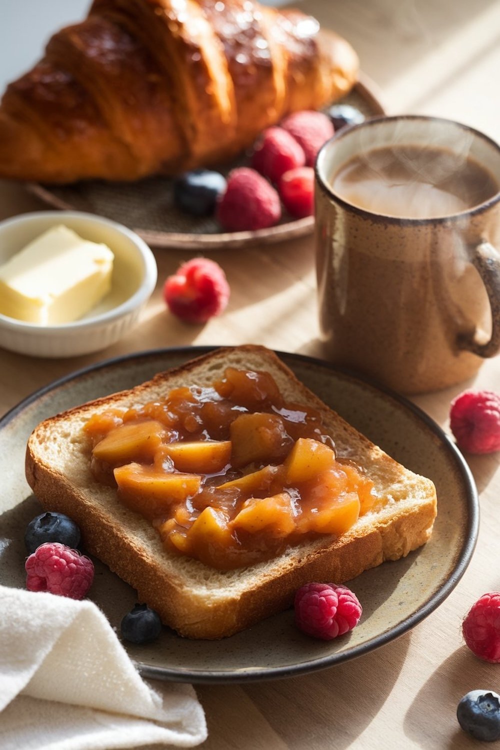 A breakfast scene with a slice of toasted bread topped with caramel apple jam, surrounded by fresh croissants, butter, mixed berries, and a steaming cup of coffee. The warm lighting and inviting setup create a cozy atmosphere, perfect for enjoying a homemade treat on a leisurely morning.