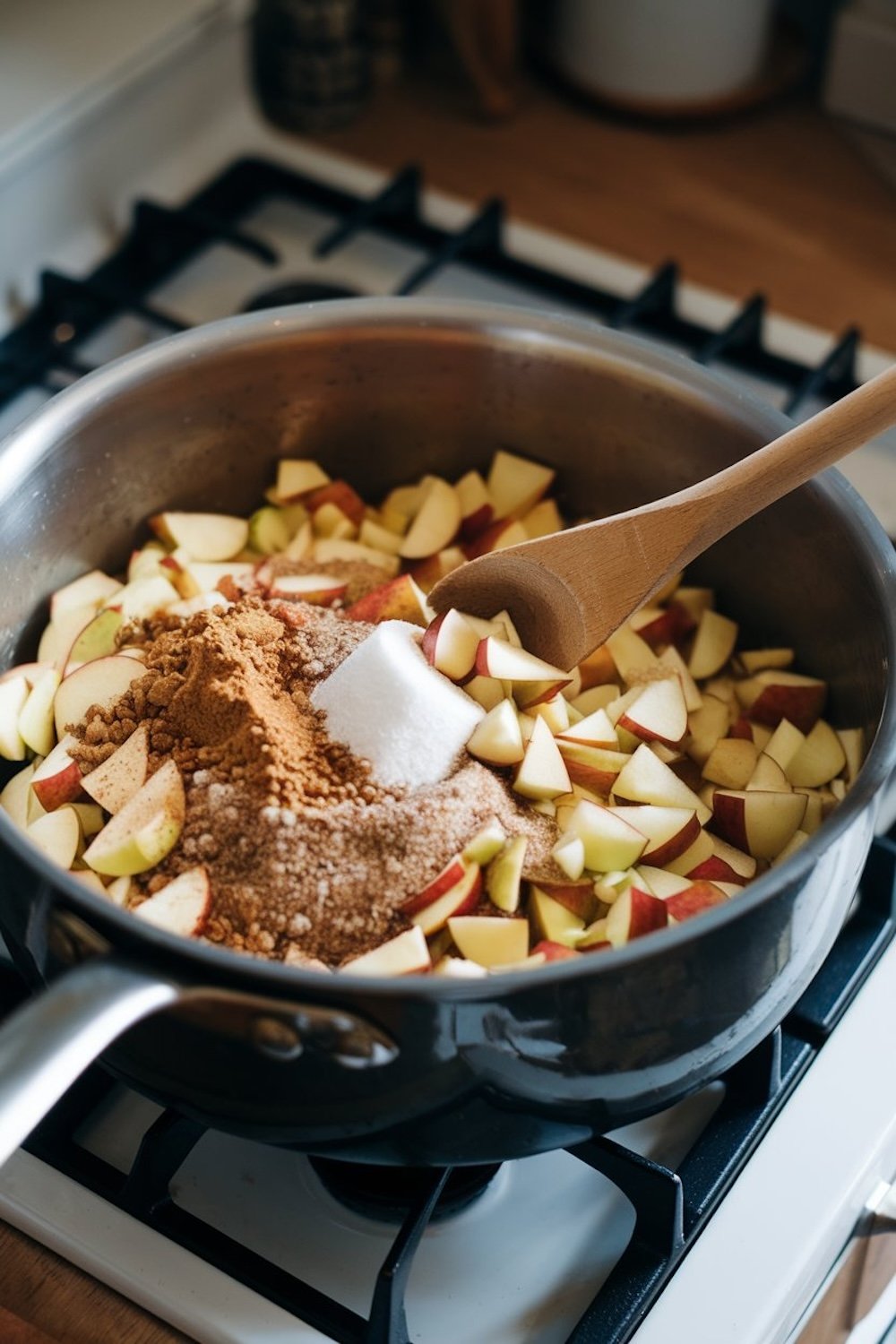 A saucepan filled with chopped red-skinned apples, topped with a blend of brown sugar, white sugar, and cinnamon, ready to be cooked down. A wooden spoon rests in the pan, capturing the first steps in making a caramel apple jam, filling the kitchen with warm, spiced aromas.