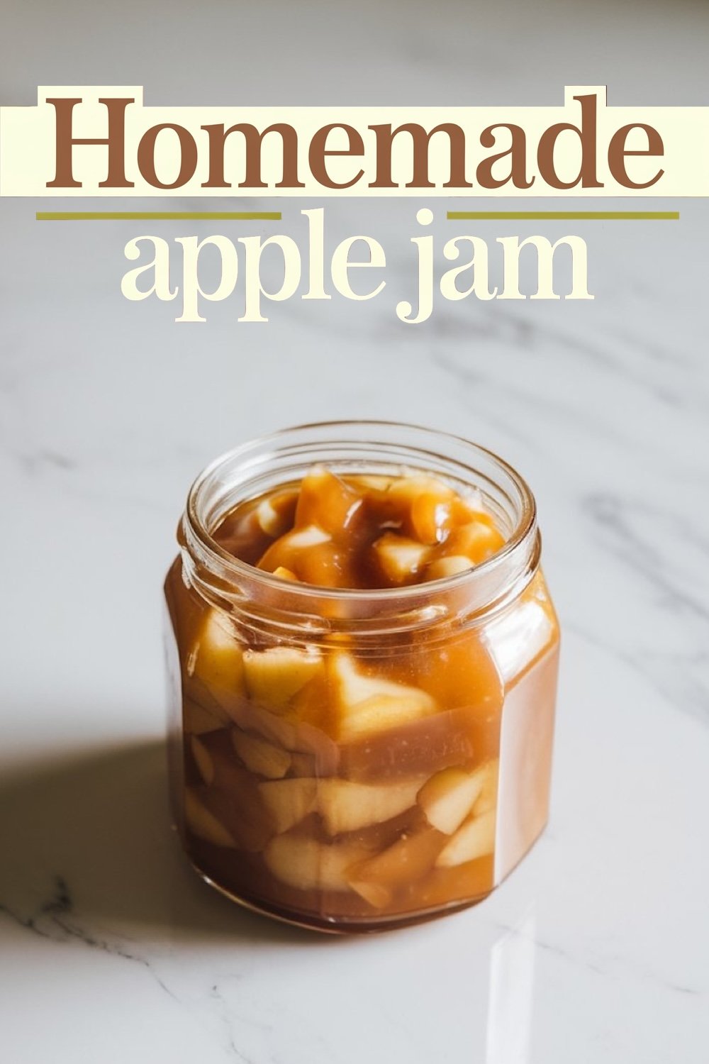 A jar of homemade apple jam with chunks of apple in a thick, golden caramel sauce. The simple label "Homemade Apple Jam" highlights the rustic, handmade quality of this fall-flavored spread, ideal for gifting or personal enjoyment.