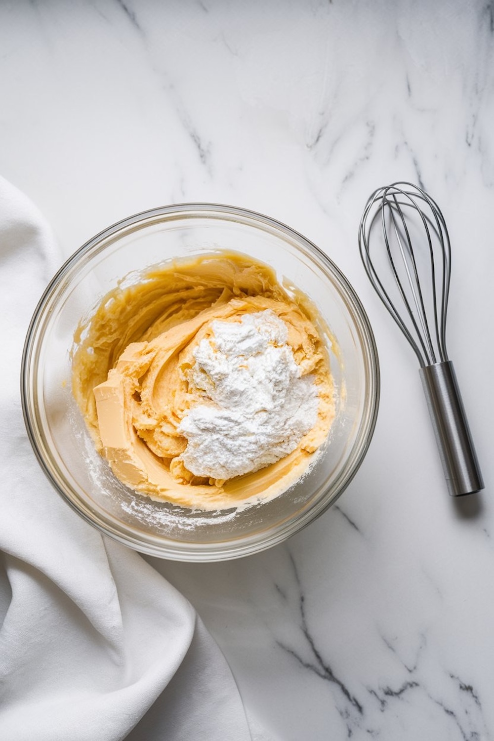 A glass mixing bowl on a marble countertop containing creamed butter and powdered sugar, partially combined, with a whisk and a white kitchen towel placed beside it.
