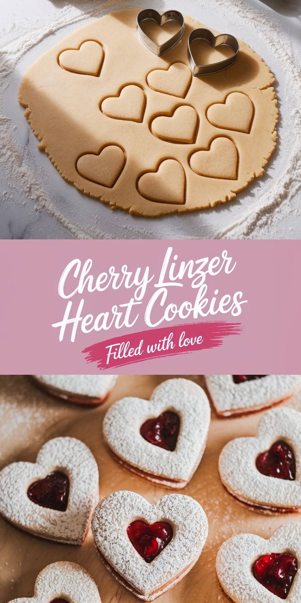 A collage of cookie-making steps, including rolled-out dough with heart-shaped cutouts and baked Linzer cookies filled with cherry jam, overlaid with the text "Cherry Linzer Heart Cookies - Filled with Love."