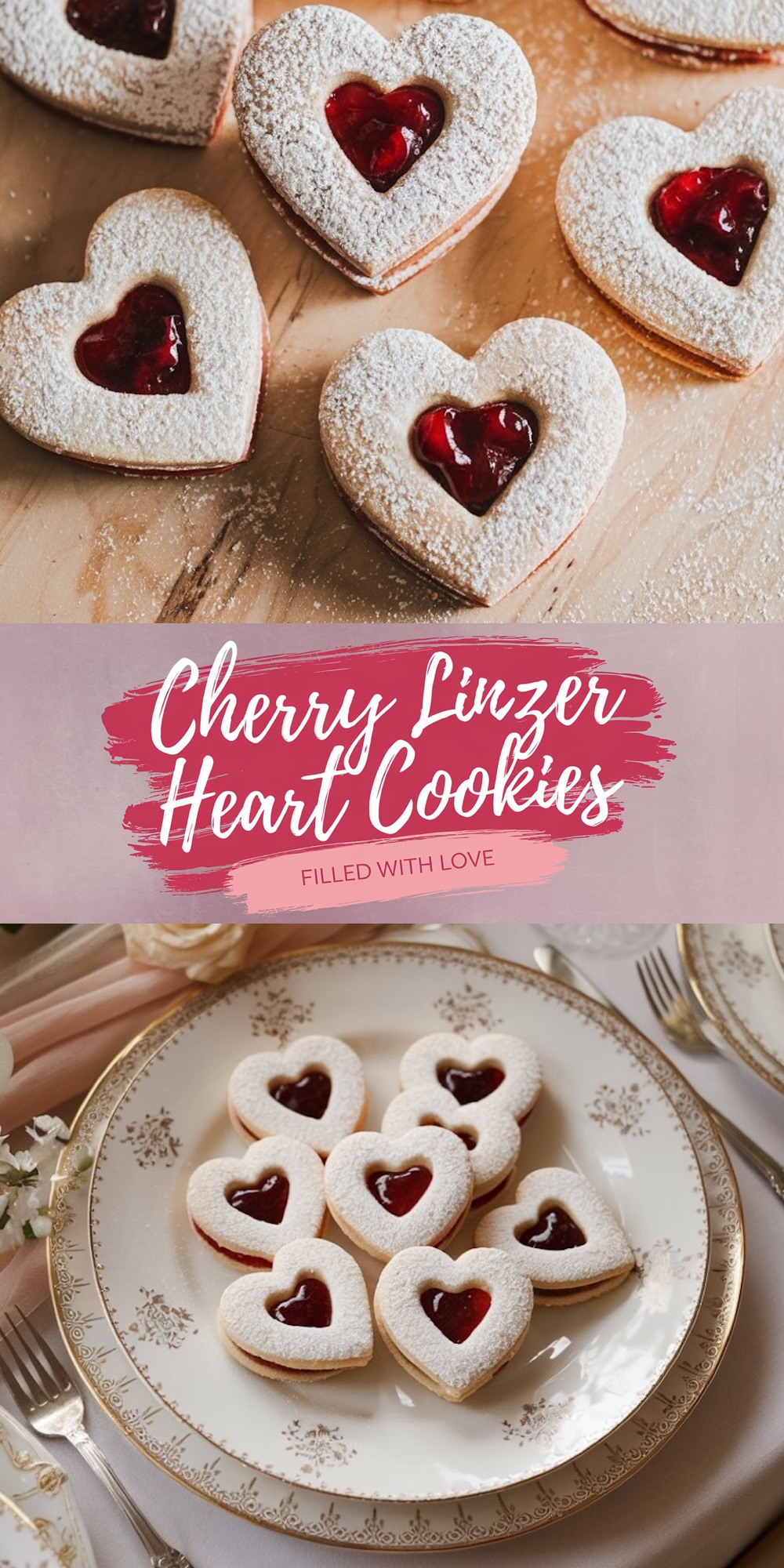 Heart-shaped Linzer cookies with cherry jam centers displayed on an ornate white plate with gold detailing, surrounded by elegant table settings.