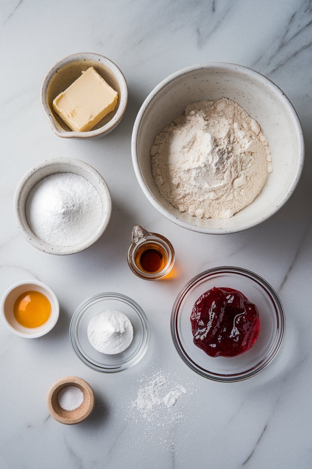 Overhead view of baking ingredients arranged on a white marble surface, including bowls of flour, sugar, butter, an egg yolk, vanilla extract, baking powder, salt, and a bowl of cherry jam, prepared for making cookies.