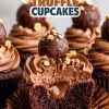 A mouthwatering display of chocolate hazelnut truffle cupcakes arranged on a plate. Each cupcake is topped with swirls of chocolate frosting, sprinkled with chopped hazelnuts, and adorned with a whole chocolate truffle. One cupcake has been cut in half, revealing the rich ganache center, creating an irresistible treat for special occasions or dessert tables.