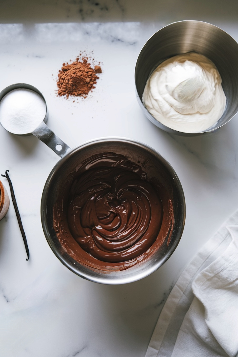 A preparation scene with melted chocolate in a metal bowl, whipped cream in another, sugar, cocoa powder, and a vanilla pod, all on a white marble countertop.
